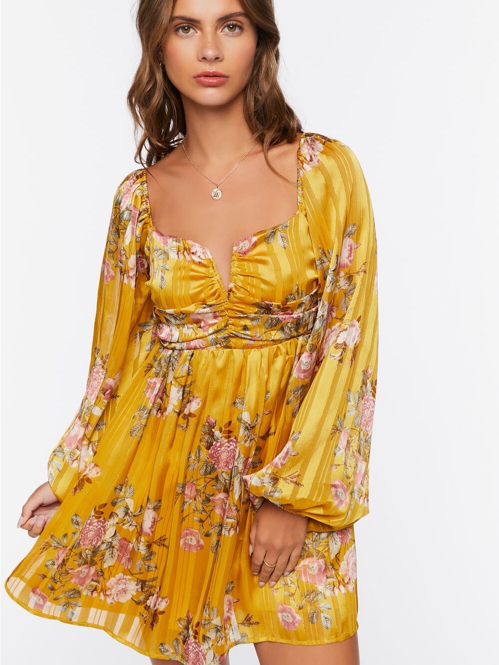 NWT Forever 21 Yellow Floral Mini Dress Balloon Sleeve Metallic Stripe M